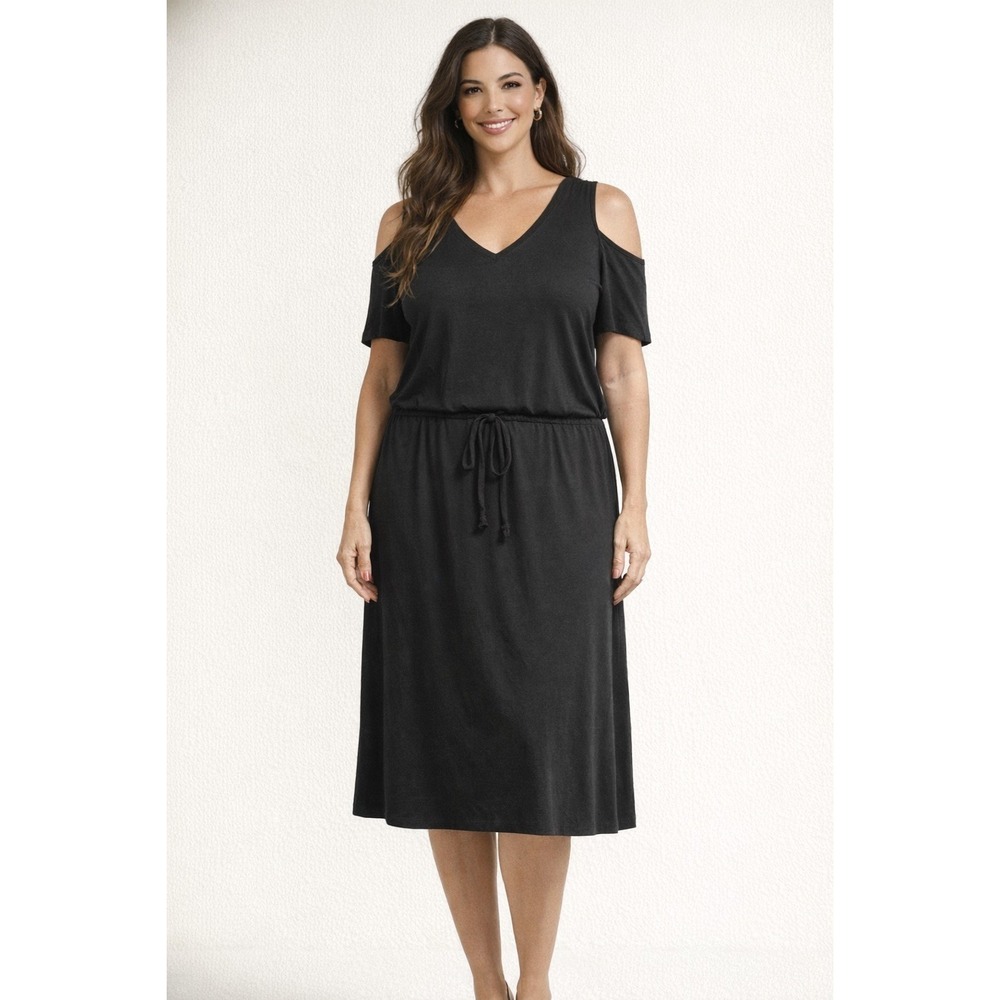 Soft Surroundings, Midi Dress L 100% Cotton, Cold Shoulder, Drawstring Waist.
